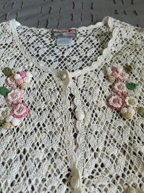Vintage April Cornell Crochet Cardigan | Floral Appliqué Lace Knit Sweater | SM